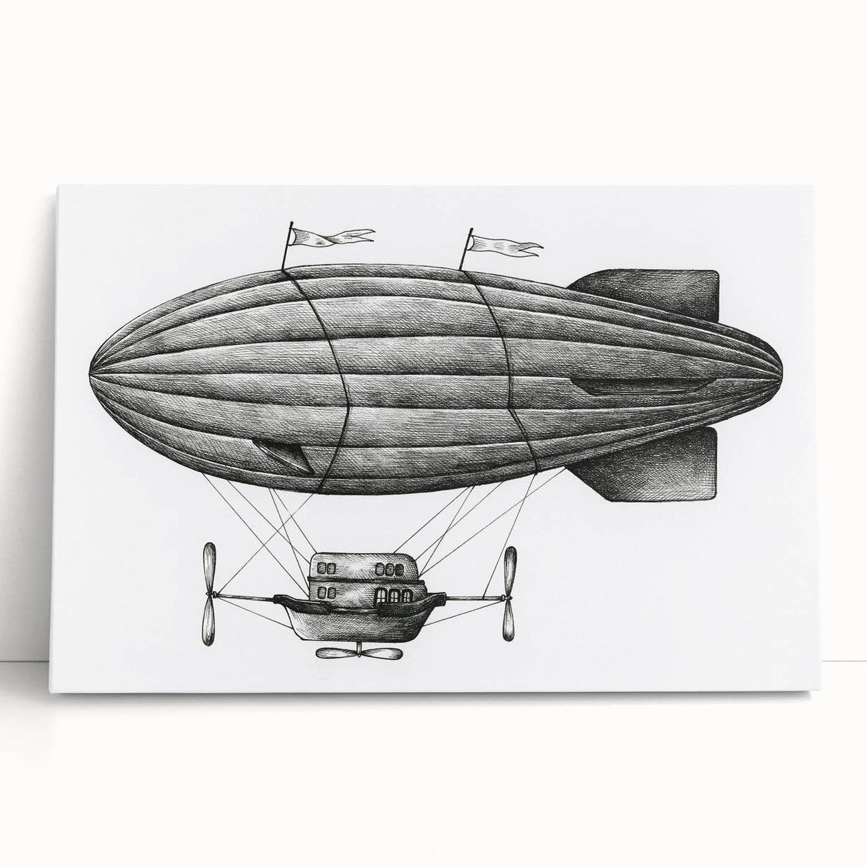 Black and white airship illustration on stretched canvas, ideal for kitchen wall art or bedroom ambiance.