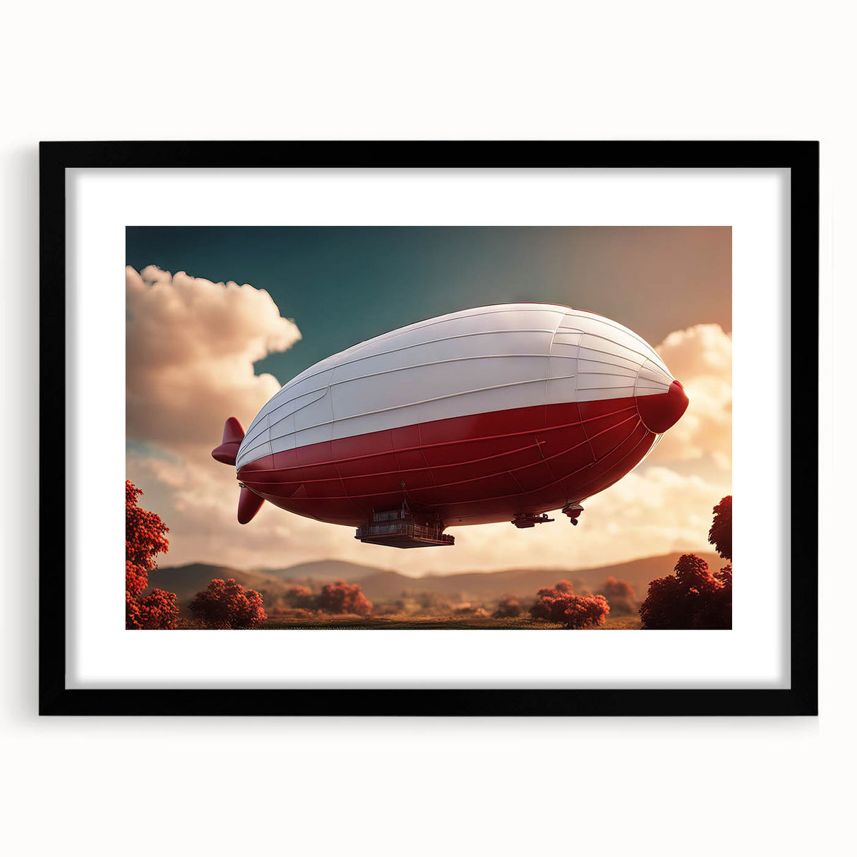 Extra large abstract art print of a colorful airship, textured finish on a black framed canvas.