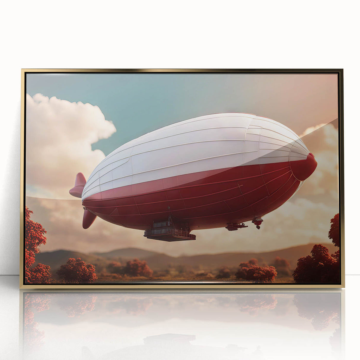 Mid-century modernist airship illustration in muted gold and white tones on a framed acrylic, ideal for nursery wall art.