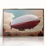 Mid-century modernist airship illustration in muted gold and white tones on a framed acrylic, ideal for nursery wall art.