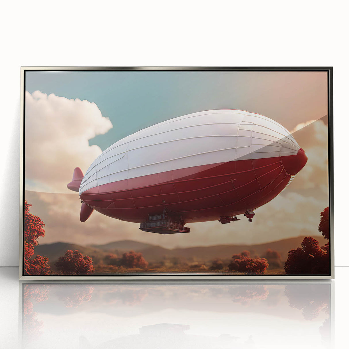 Mid-century modernist airship illustration in muted gray and blue tones, acrylic print framed in silver.