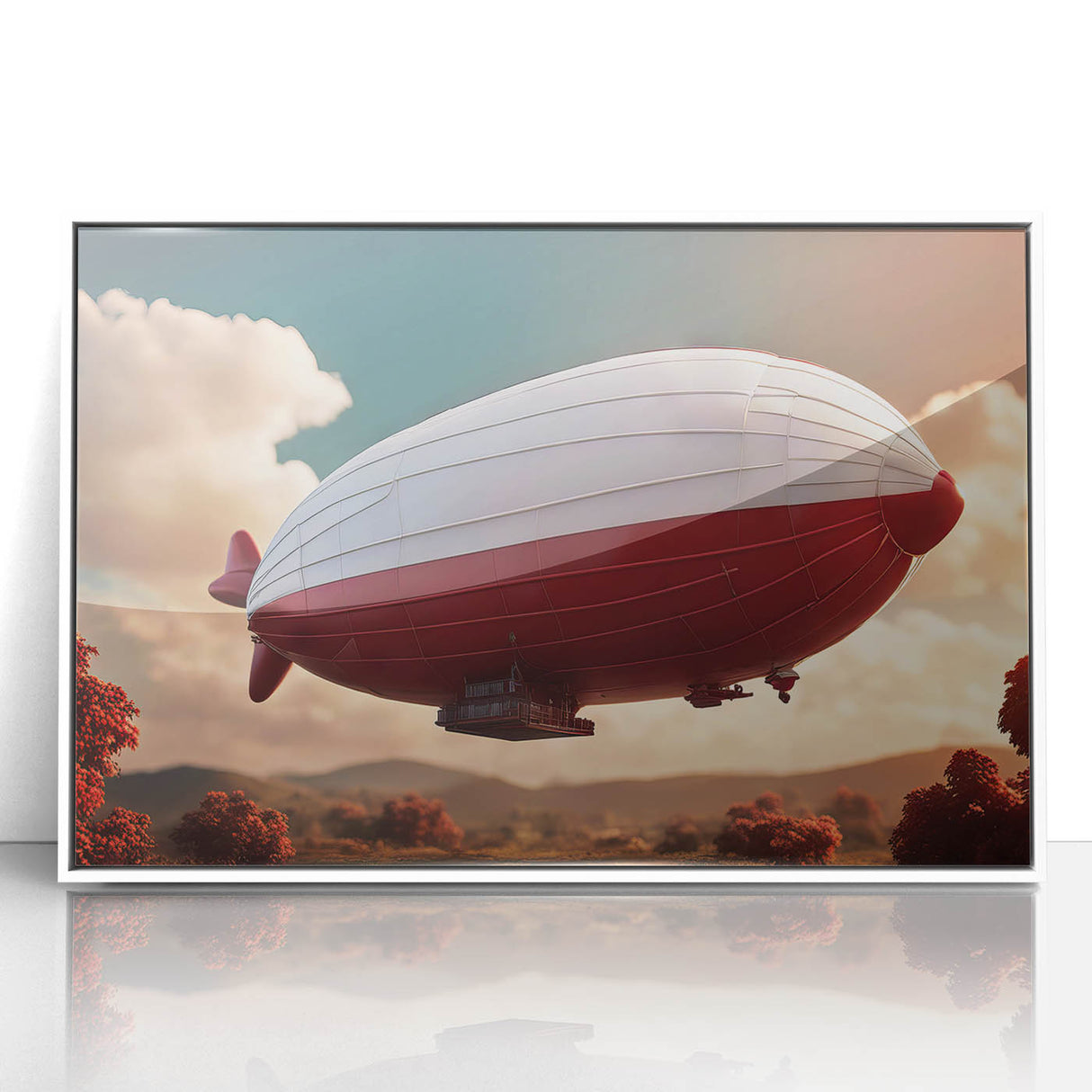 Art deco airship poster in muted blue and gray, framed acrylic, ideal for nursery wall decor.