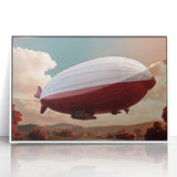 Art deco airship poster in muted blue and gray, framed acrylic, ideal for nursery wall decor.