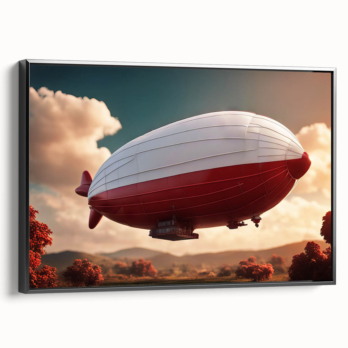 Black and white vintage poster art of an airship on framed canvas, ideal for bedroom wall decor.