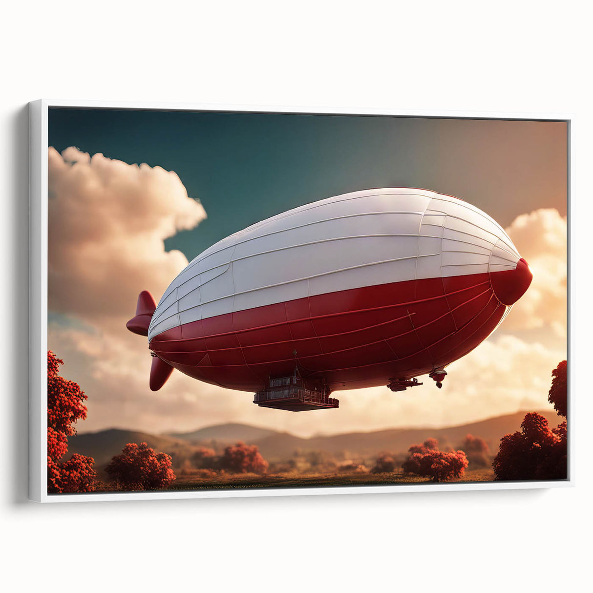 Framed canvas featuring a vintage airship design in black with colorful accents, ideal for adding a retro touch to any room.