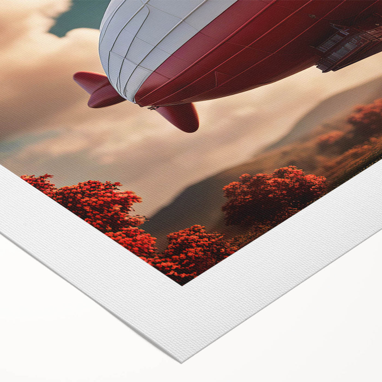 Art deco airship poster in muted sepia tones on rolled canvas, suitable for dining room wall art.