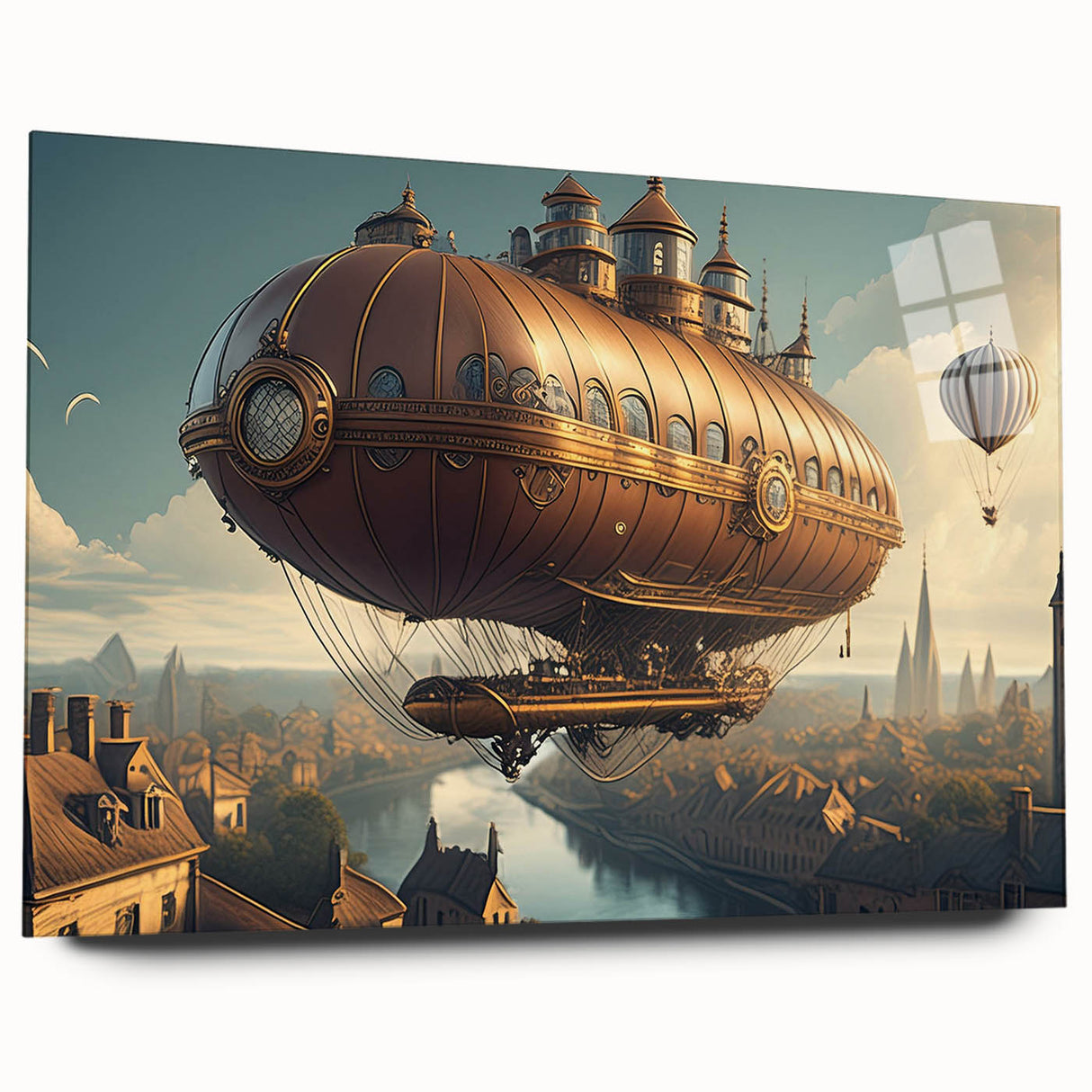 Side view of a large abstract airship print in muted gray on acrylic, ideal for bedroom or dining room art.