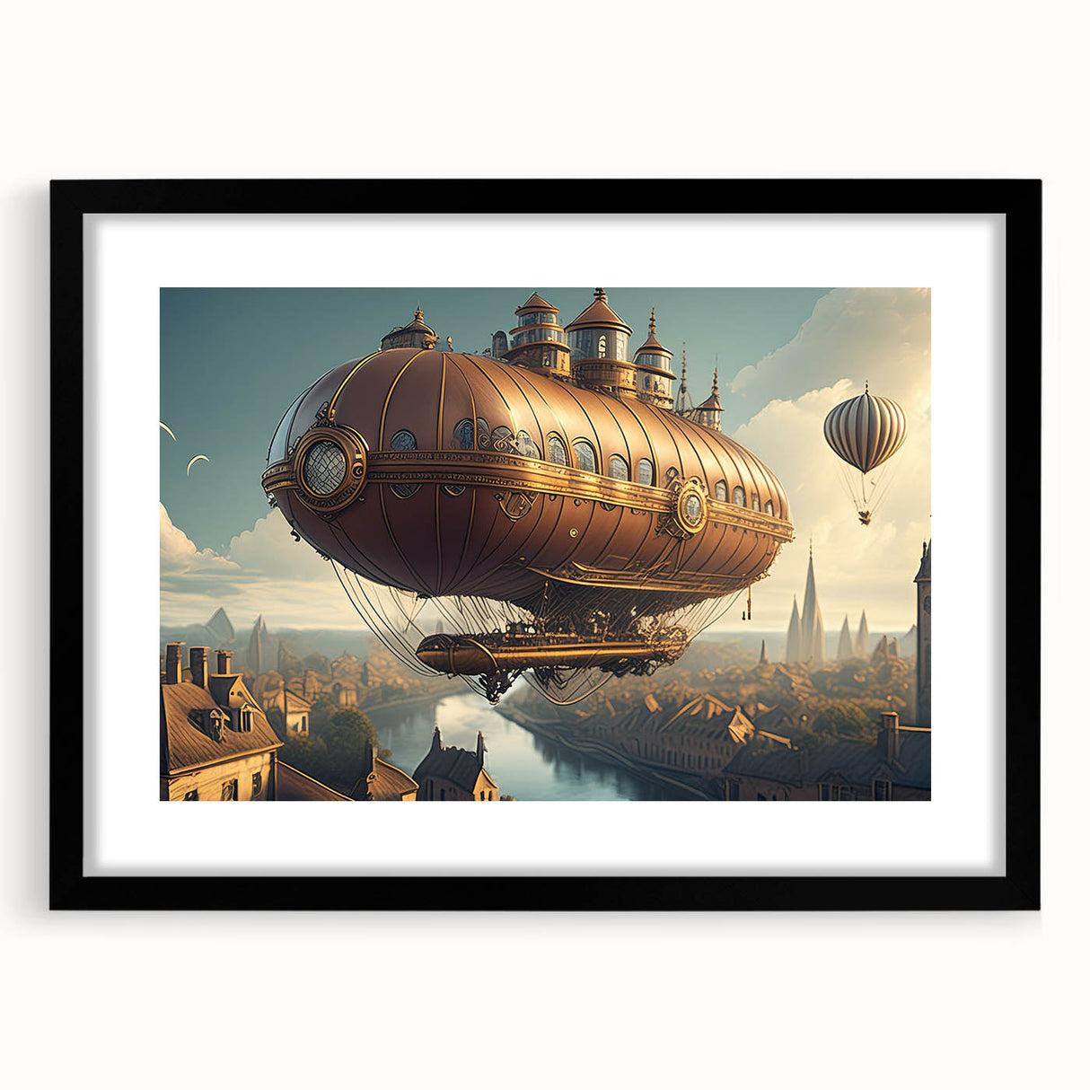 Extra large abstract art print of a colorful airship, in a black frame with mat, textured finish.