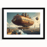 Extra large abstract art print of a colorful airship, in a black frame with mat, textured finish.
