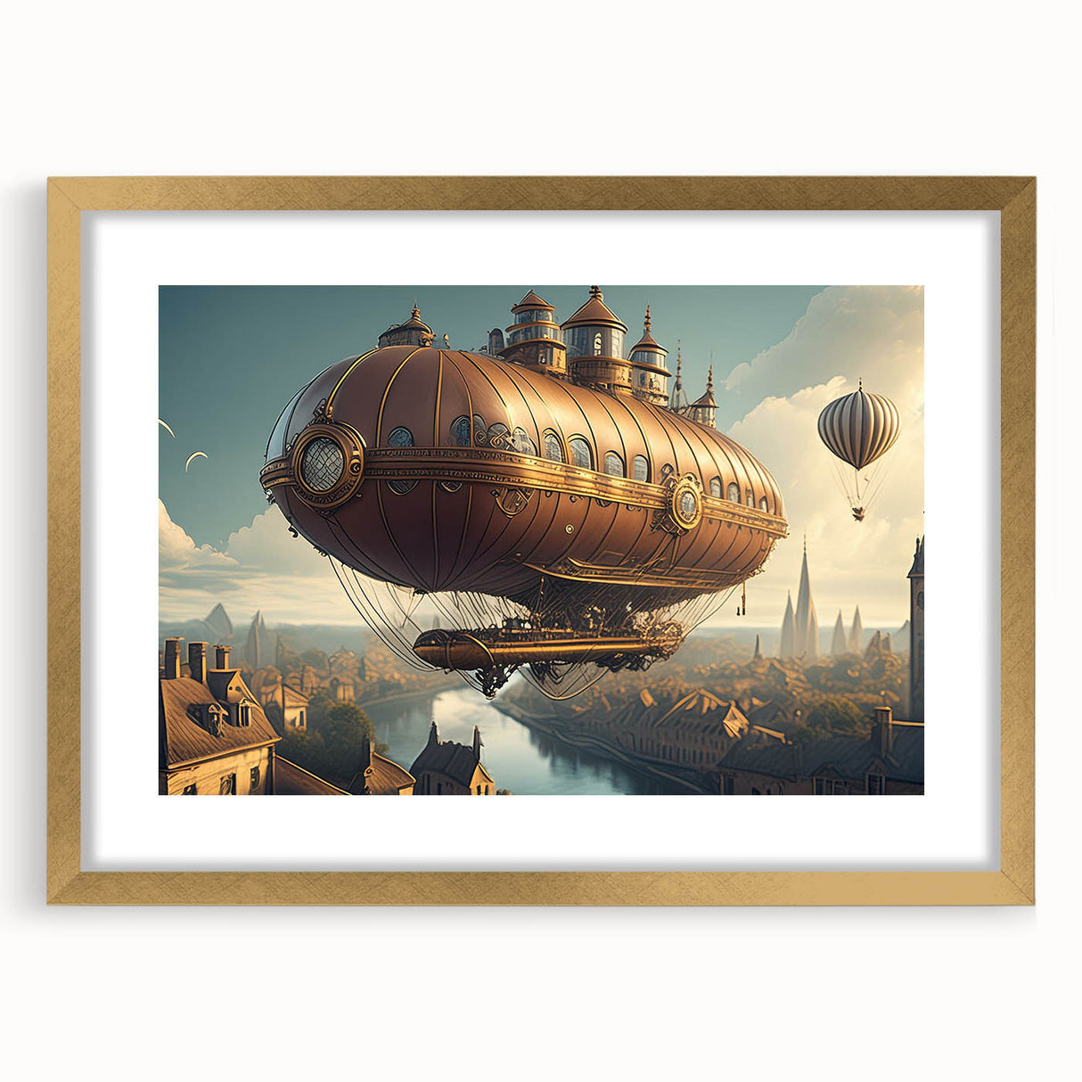 Abstract art print of an airship in muted gold and ivory tones, framed with a gold mat, ideal for dining room decor.