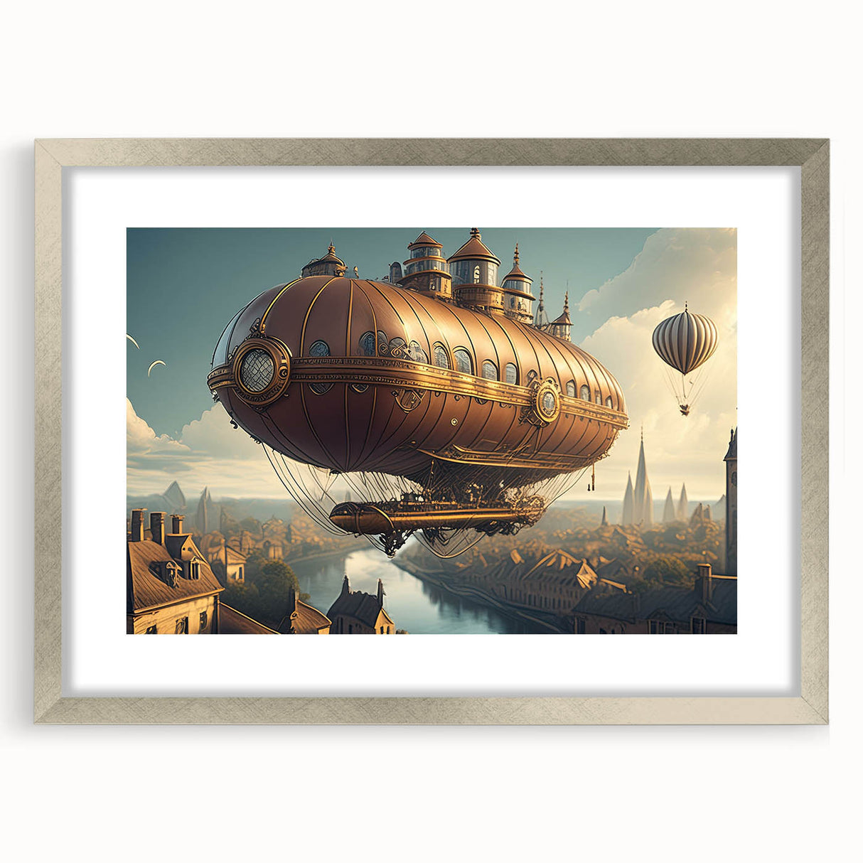 Textured art print of an abstract airship in silver and gray tones on a framed canvas, ideal for bedroom art.
