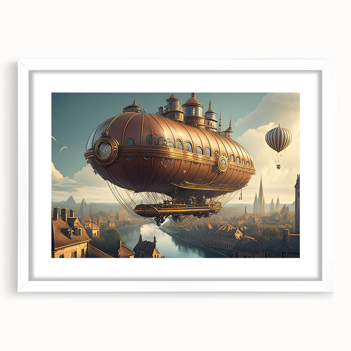 Abstract art print featuring a textured airship design in neutral tones on a large white-framed canvas.
