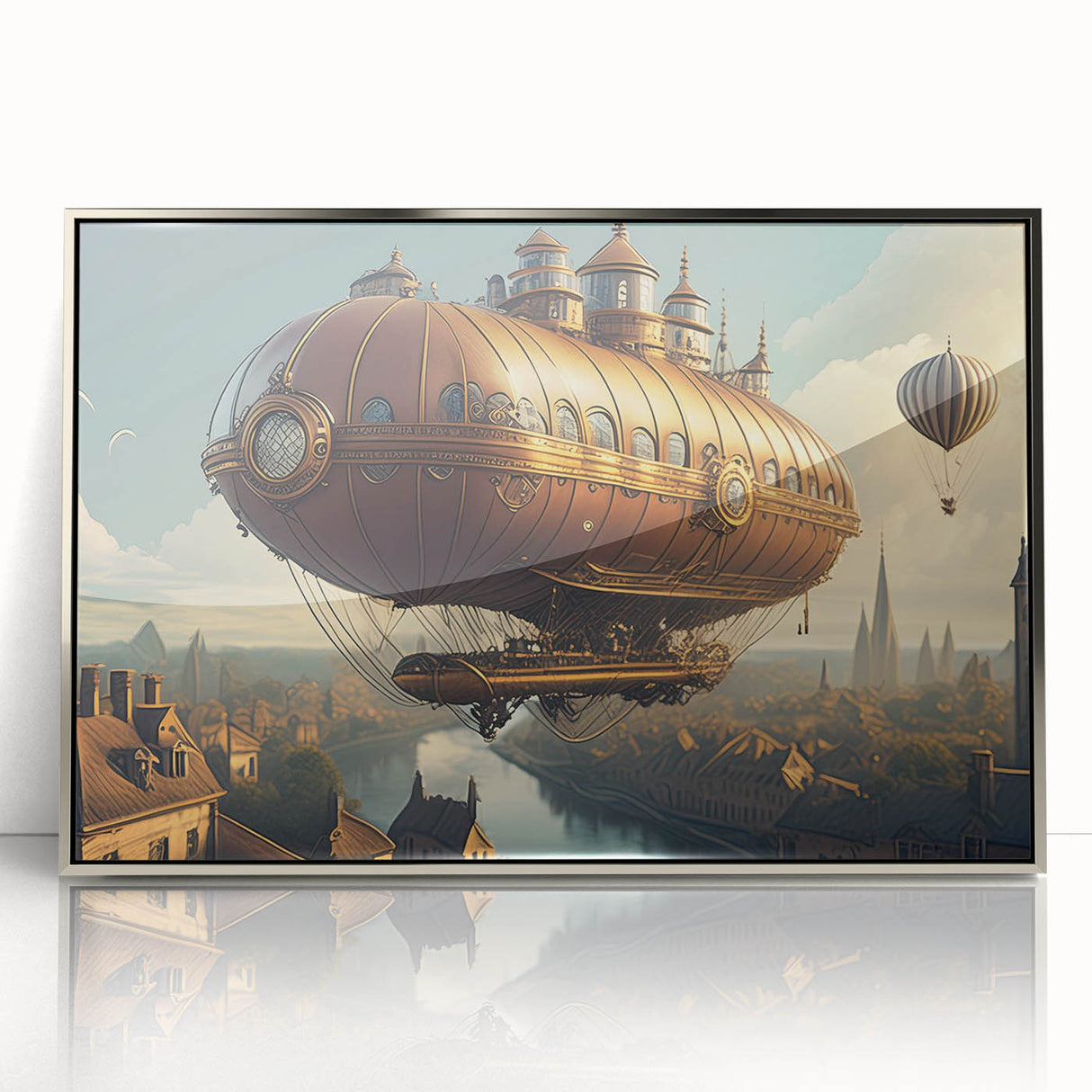 Mid-century modernist airship illustration in silver frame, acrylic print, suitable for nursery wall art.