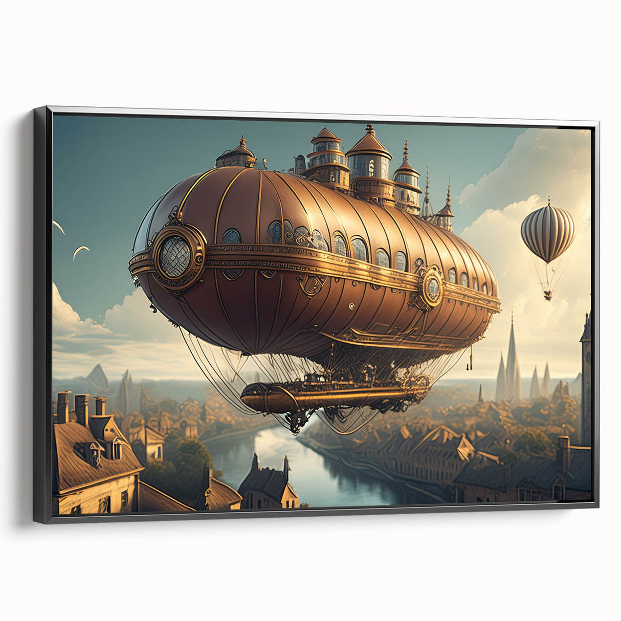 Black and white vintage poster art of an airship, framed canvas, ideal for bedroom wall decor.