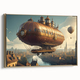Vintage poster art of a colorful airship on a black background, framed canvas, ideal for extra large living room wall.