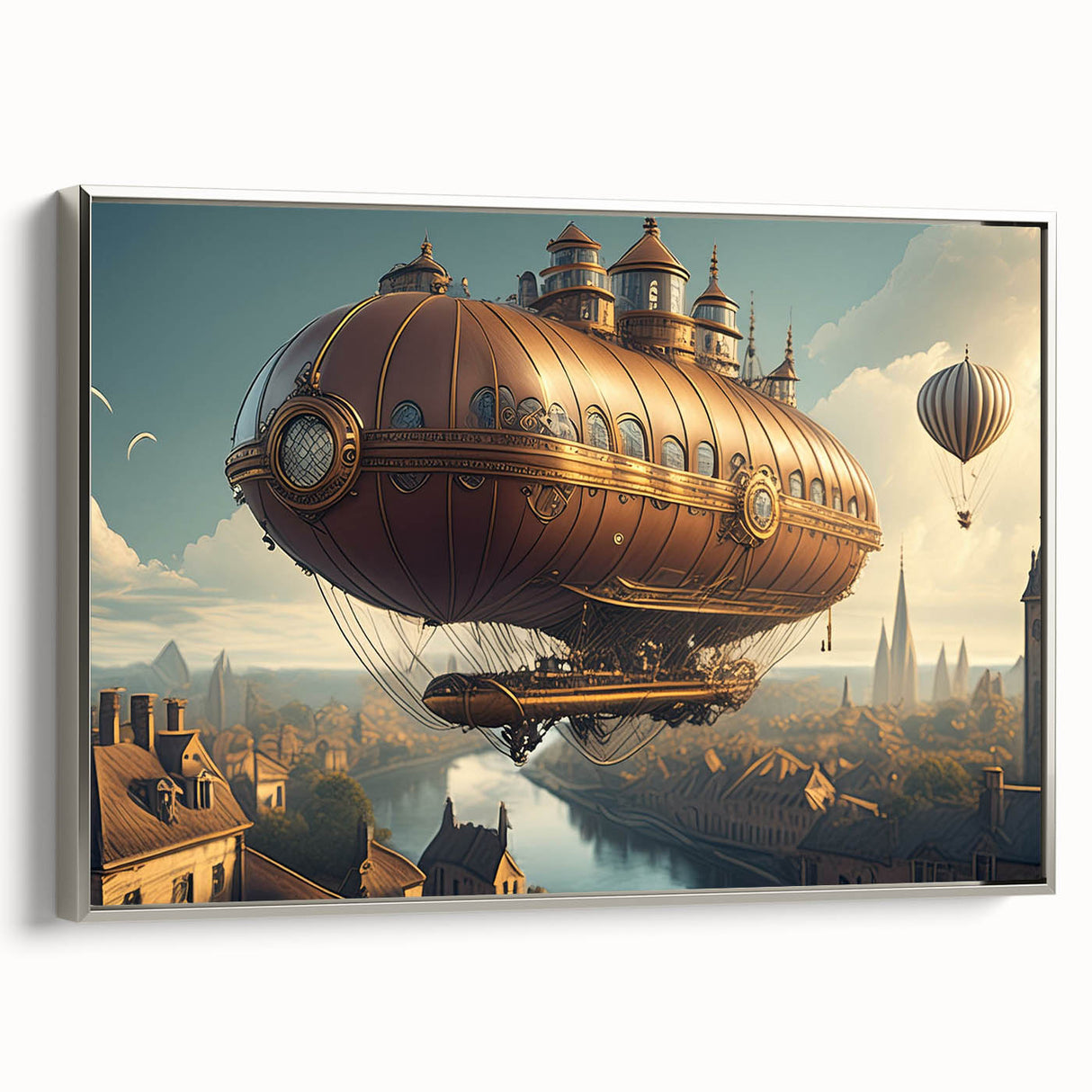 Framed canvas depicting a vintage black airship over a landscape, ideal for bedroom wall art.