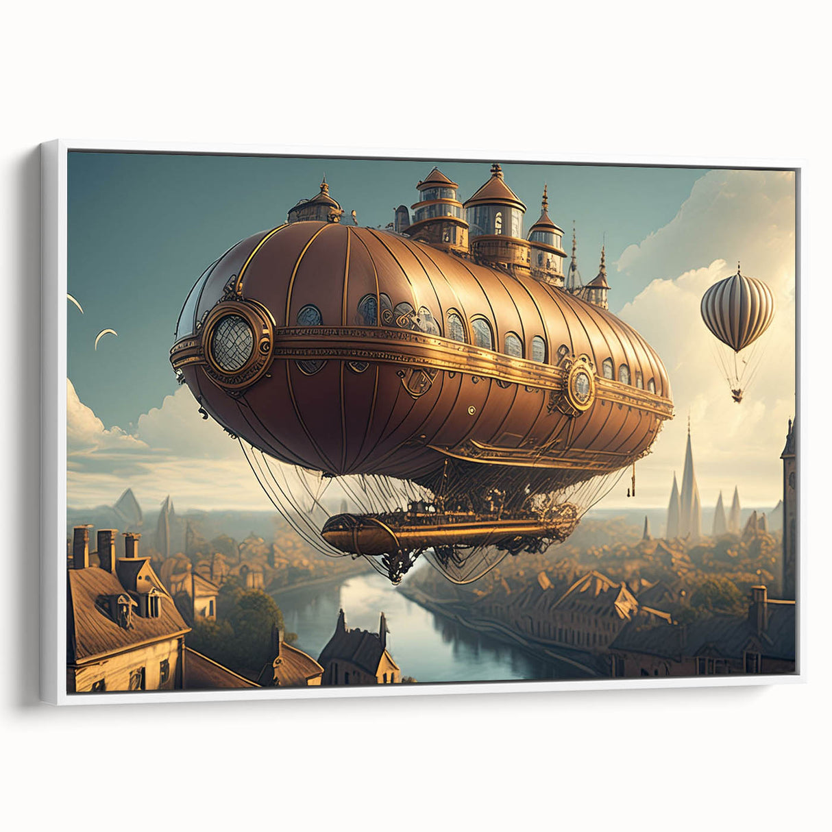 Framed canvas featuring a vintage airship design in black and colorful hues, ideal for adding a retro touch to any room.