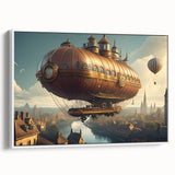 Framed canvas featuring a vintage airship design in black and colorful hues, ideal for adding a retro touch to any room.