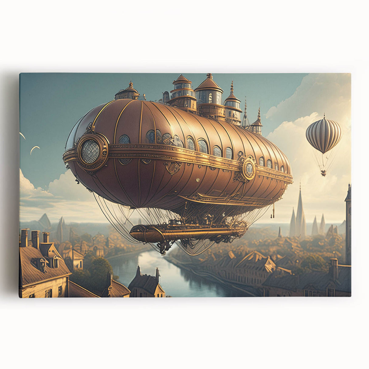 Black and white illustration of an airship on stretched canvas, ideal for kitchen wall art in a large format.