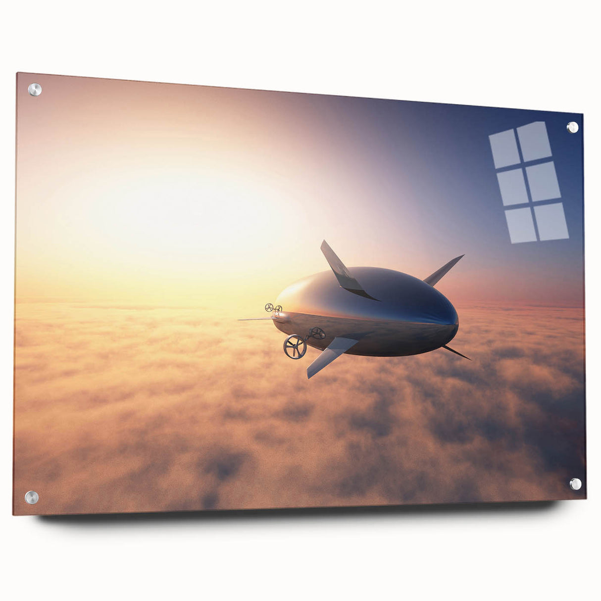 Side view of a large abstract airship design in muted gray on acrylic glass, ideal for modern bedroom or dining room decor.