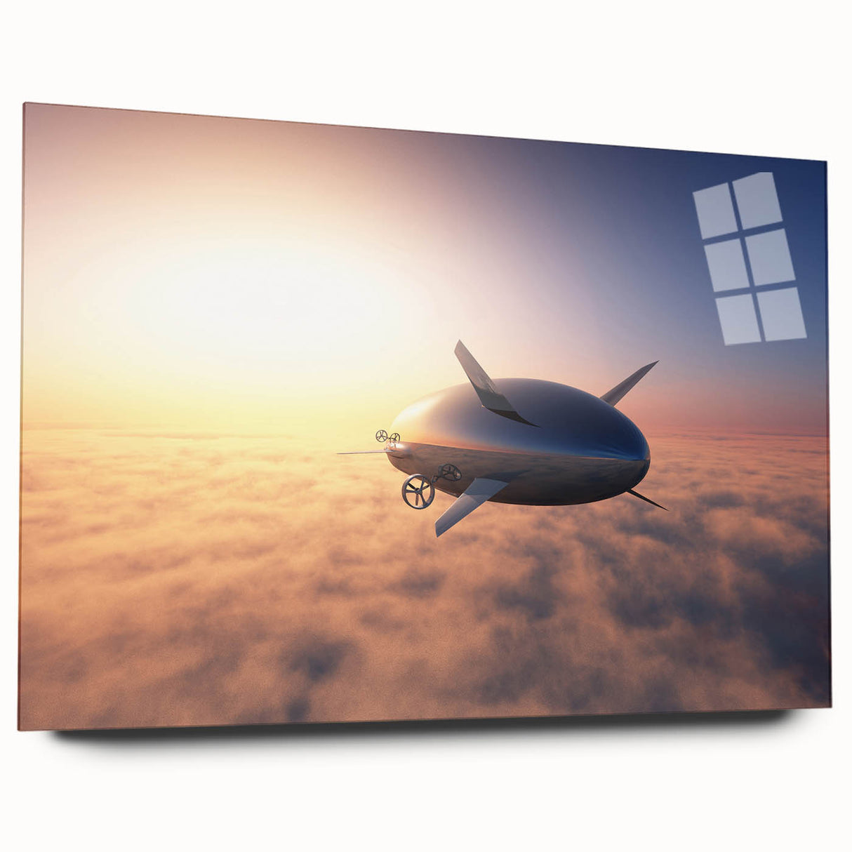 Side view of a large abstract airship design in muted gray and blue tones on acrylic glass.