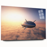 Side view of a large abstract airship design in muted gray and blue tones on acrylic glass.