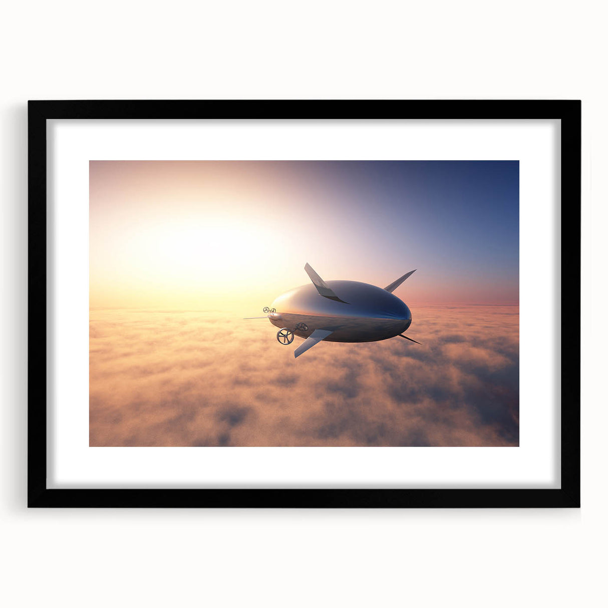 Extra large, textured abstract art print featuring a colorful airship design on a black framed canvas.