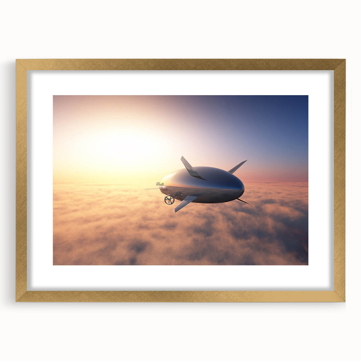Textured art print of an abstract airship in muted gray and gold tones, framed in gold, ideal for bedroom wall decor.