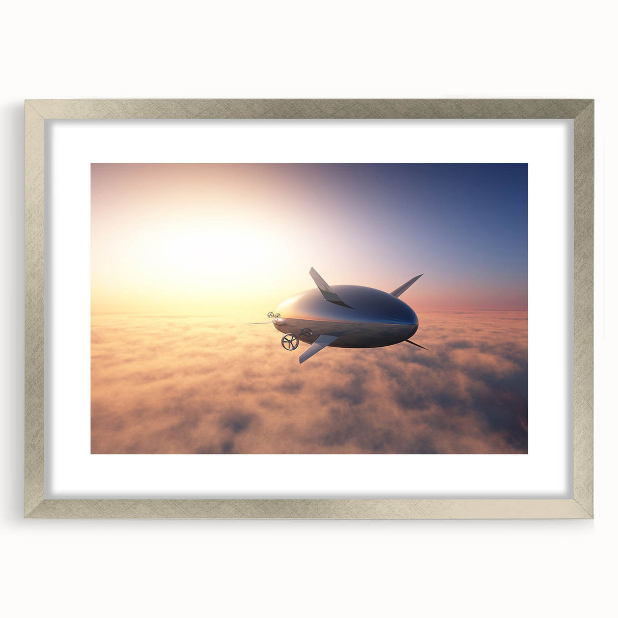 Abstract art print of an airship in muted gray and silver tones on a framed poster.