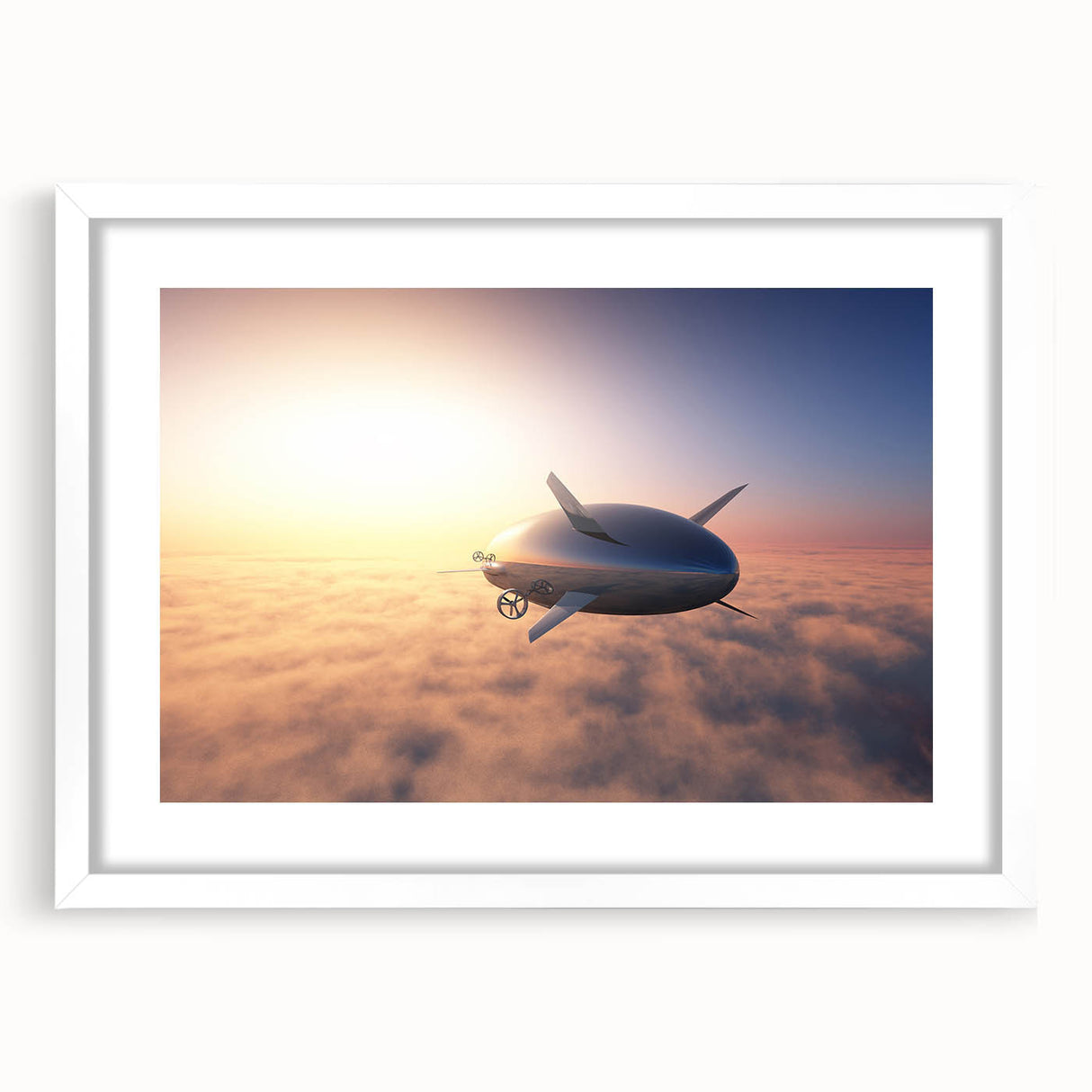 Extra large abstract art print of an airship in textured gray and white tones, framed with a white mat.