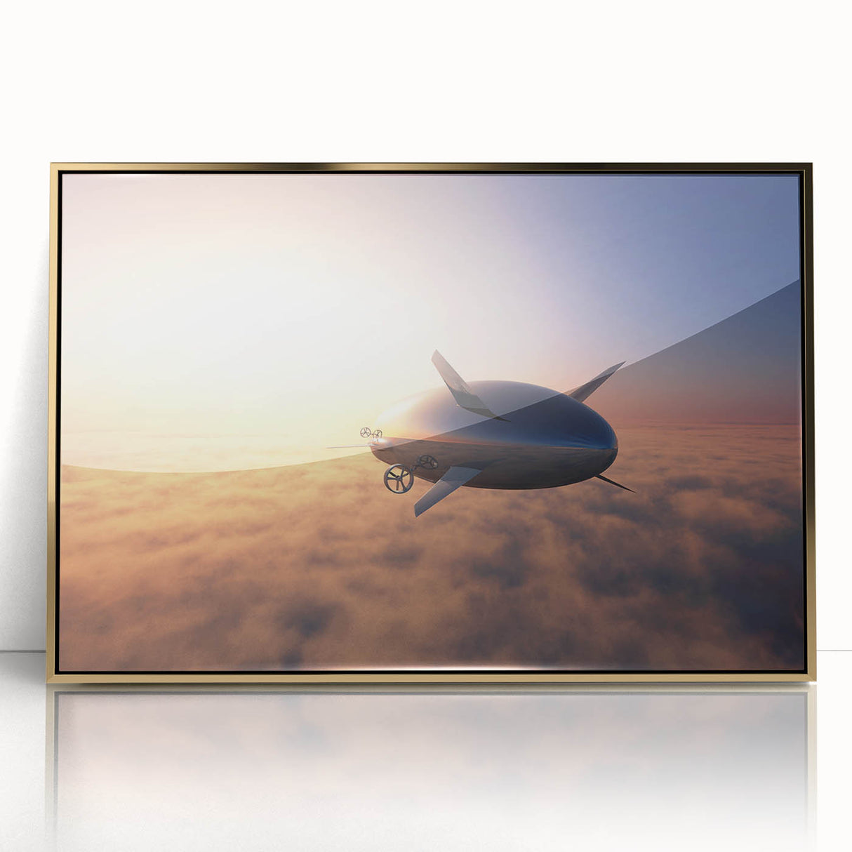 Art Deco airship poster in gold and black tones, acrylic framed, ideal for modern nursery wall decor.