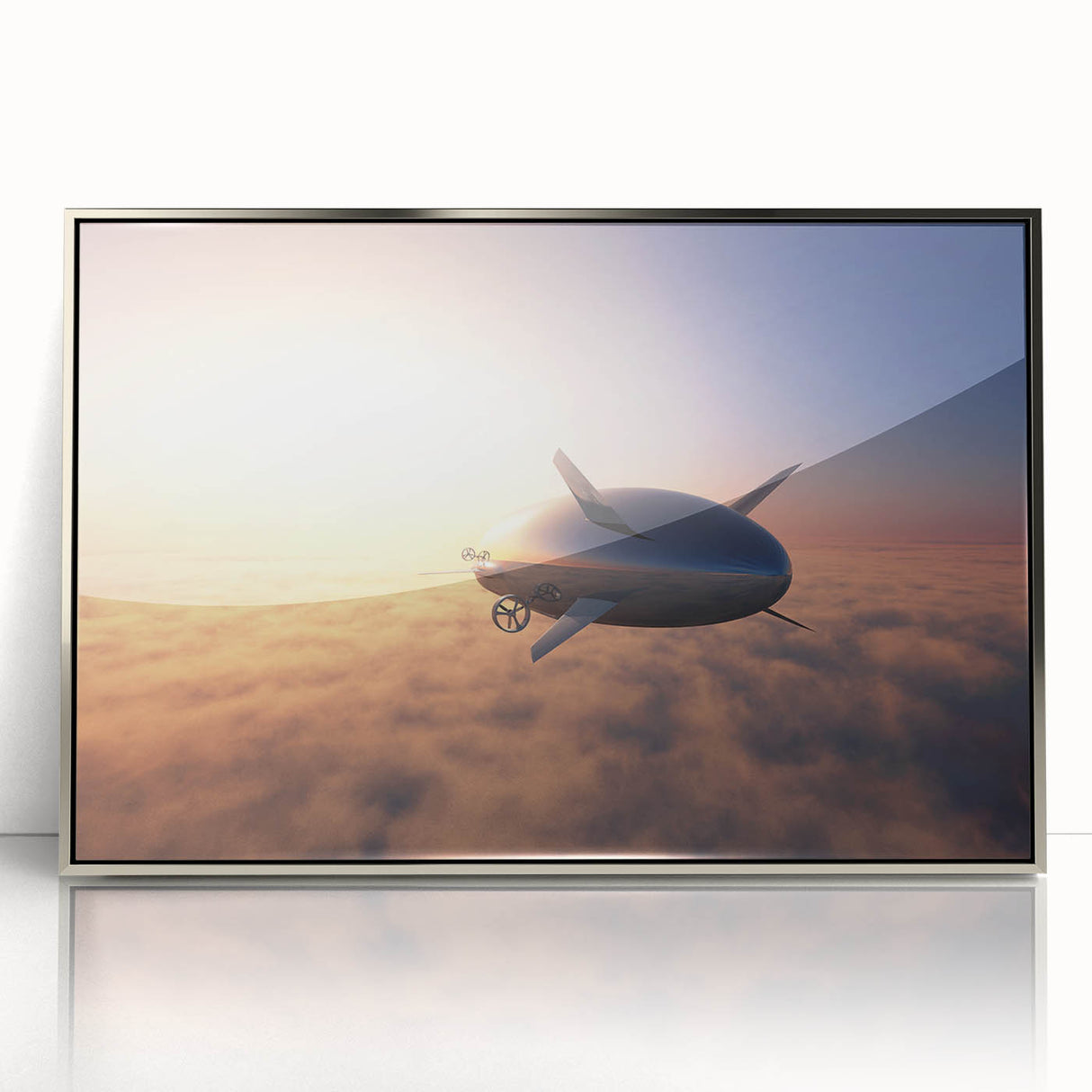 Mid-century modernist airship illustration in silver frame, featuring soft gray tones, ideal for nursery wall art.
