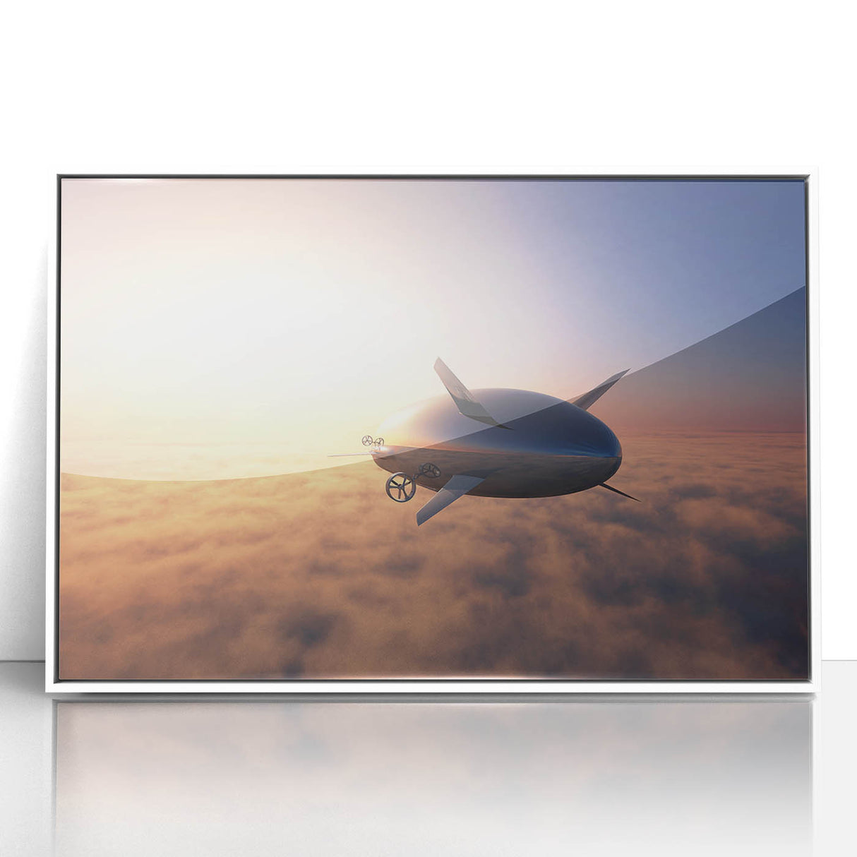 Mid-century modernist art deco airship poster in muted gray and blue, acrylic framed, ideal for nursery wall art.