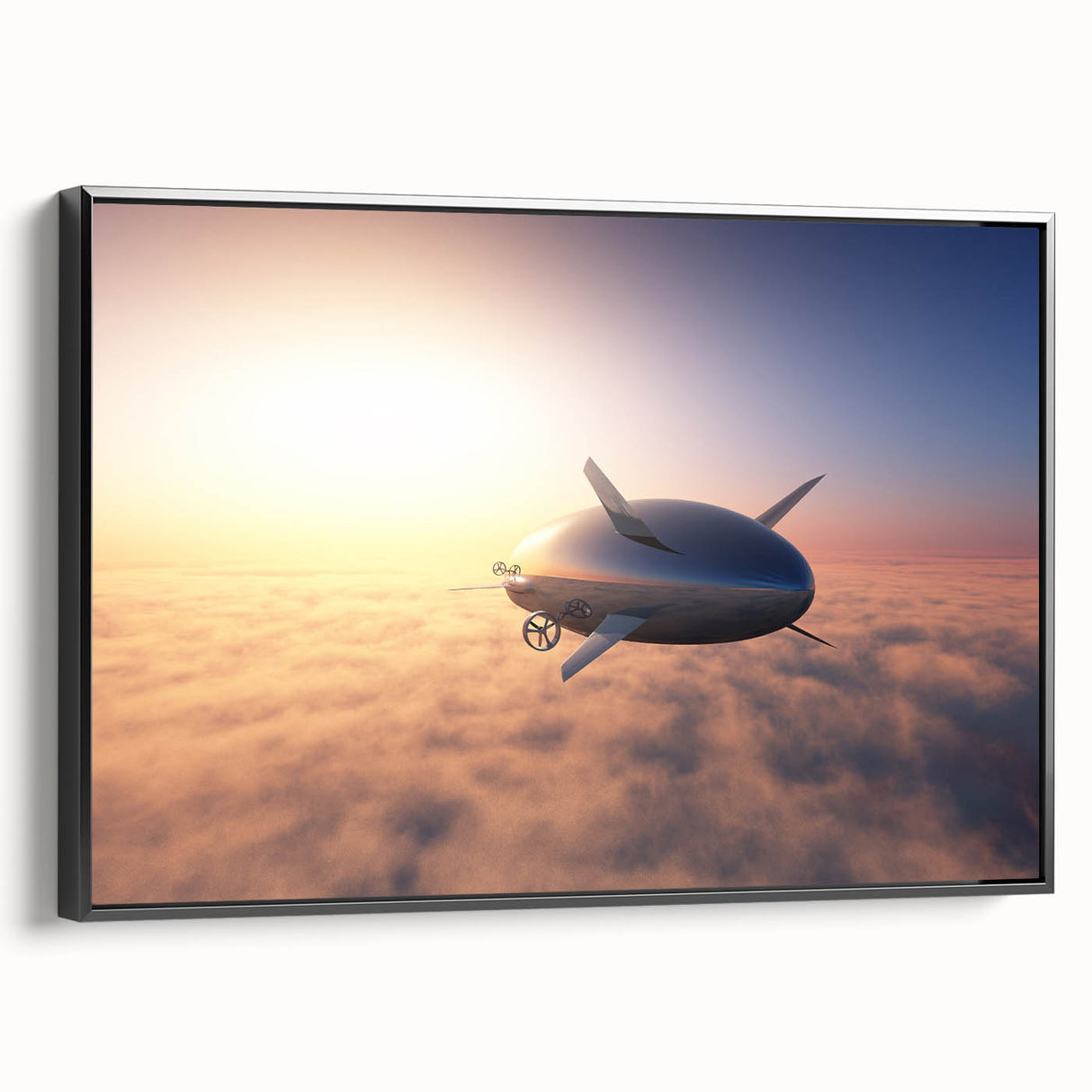 Black and white vintage poster art of an airship, framed canvas, ideal for bedroom wall decor.
