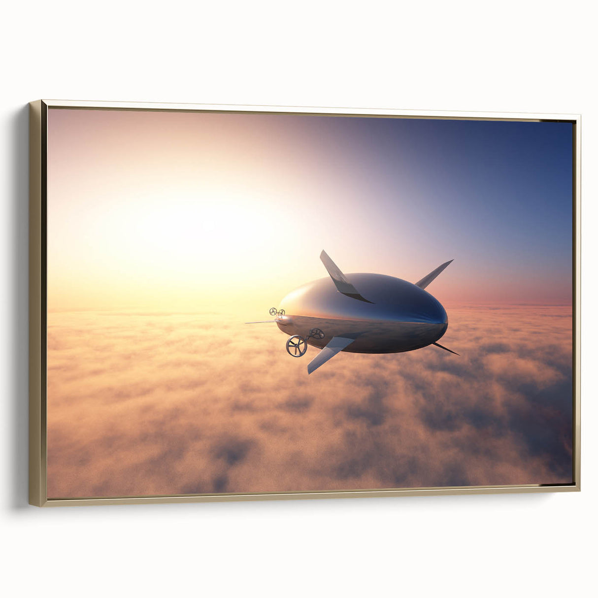 Vintage poster art of a gold-framed airship on black canvas, ideal for extra large living room wall decor.