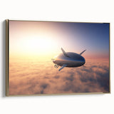 Vintage poster art of a gold-framed airship on black canvas, ideal for extra large living room wall decor.