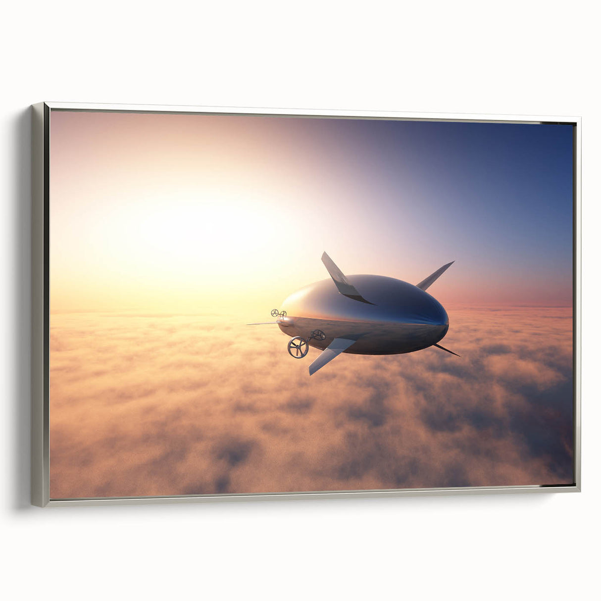 Framed canvas featuring a vintage airship design in black and gray tones, ideal for bedroom wall art.