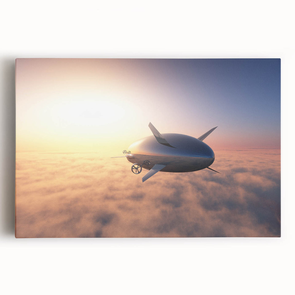 Black and white illustration of an airship on stretched canvas, ideal for kitchen wall art.