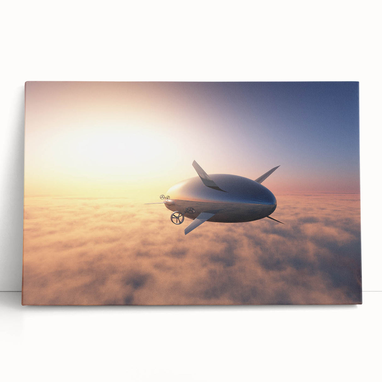Black and white depiction of a vintage airship on stretched canvas, ideal for kitchen wall art or bedroom ambiance.