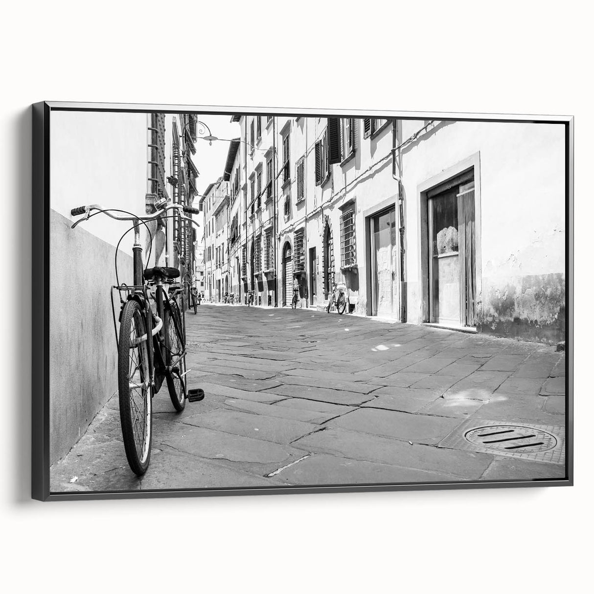 Black and white vintage poster art of a bicycle, framed canvas, ideal for bedroom wall decor.