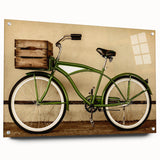 Acrylic print of a large abstract bicycle design in monochrome shades, suitable for bedroom or dining room art.