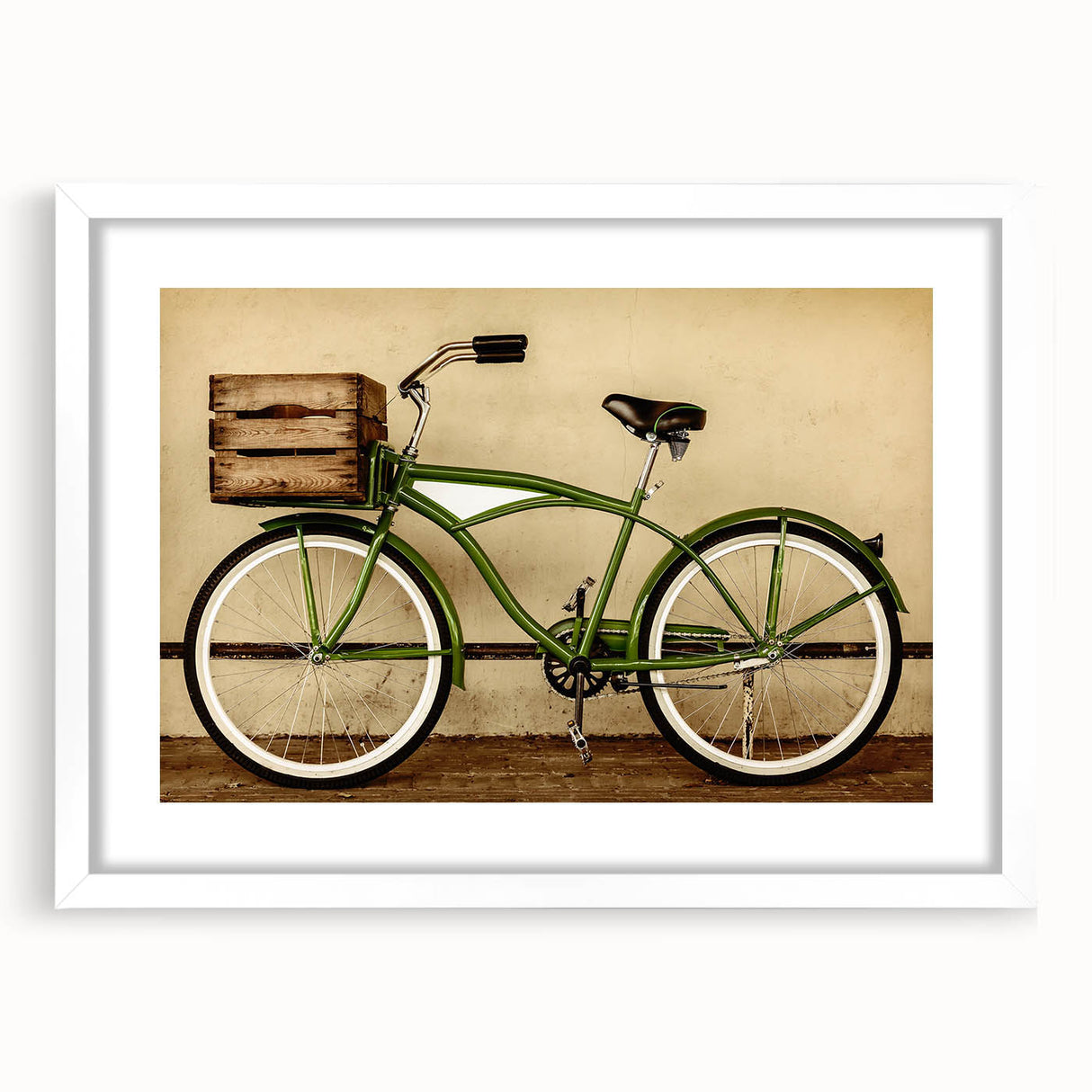 Extra large abstract art print of a textured bicycle, in muted earth tones on a framed white mat.