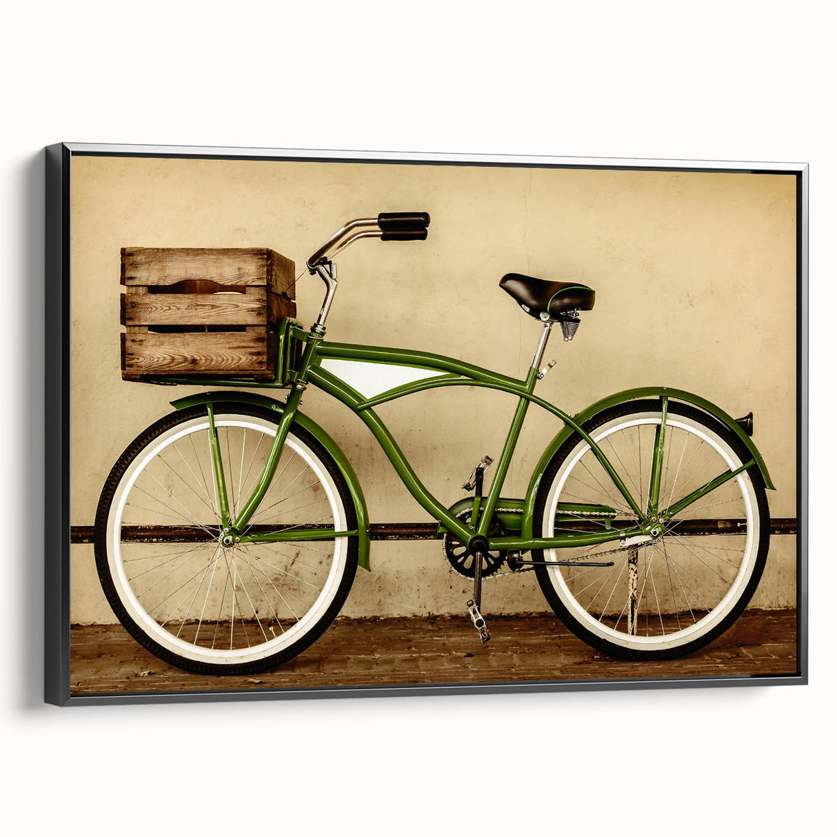 Black and white vintage bicycle illustration on framed canvas, ideal for bedroom wall art.