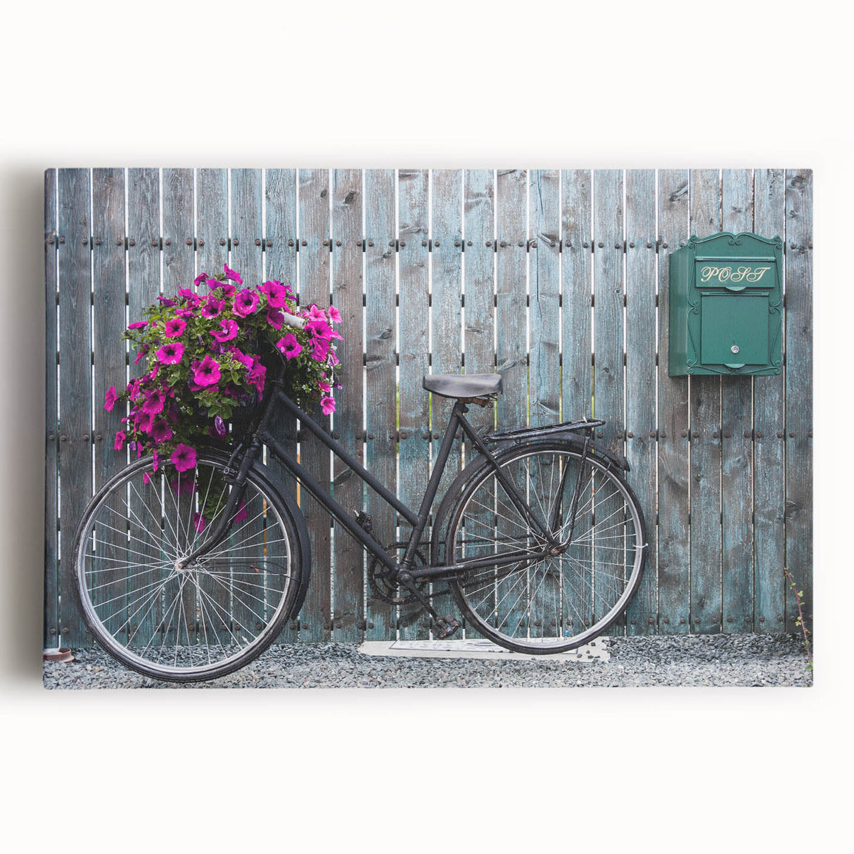 Black and white photograph of a vintage bicycle on stretched canvas, ideal for kitchen wall art.
