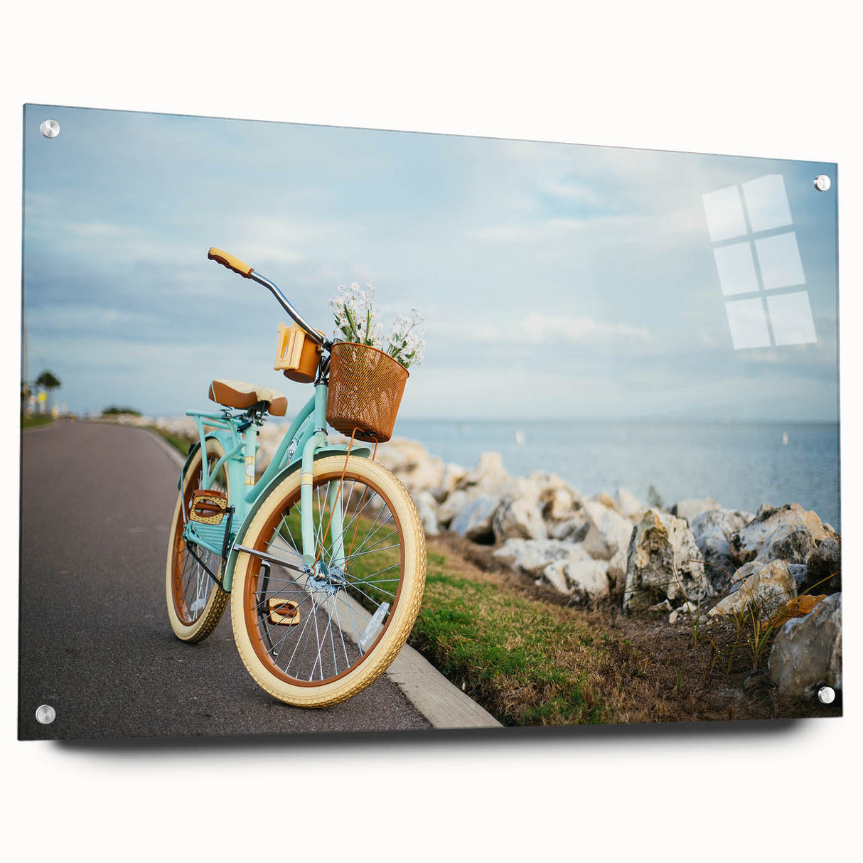 Acrylic print of a bicycle in monochrome shades, suitable for bedroom or dining room decor.