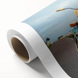 Art Deco style bicycle illustration in muted pastel colors on rolled canvas, ideal for nursery wall art.