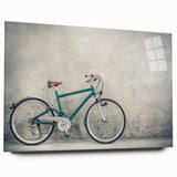 Side-view of a large abstract acrylic print featuring a bicycle, in muted earth tones, ideal for dining room decor.