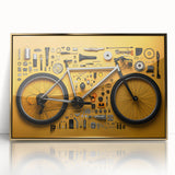 Mid-century modernist style bicycle illustration in gold and black tones, framed acrylic, suitable for nursery wall art.