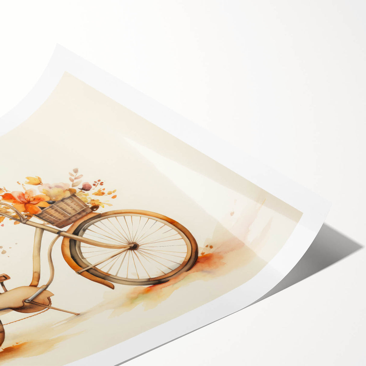 Extra large wall art featuring a line art design of flowers on a bicycle, in black and white, printed on rolled canvas.