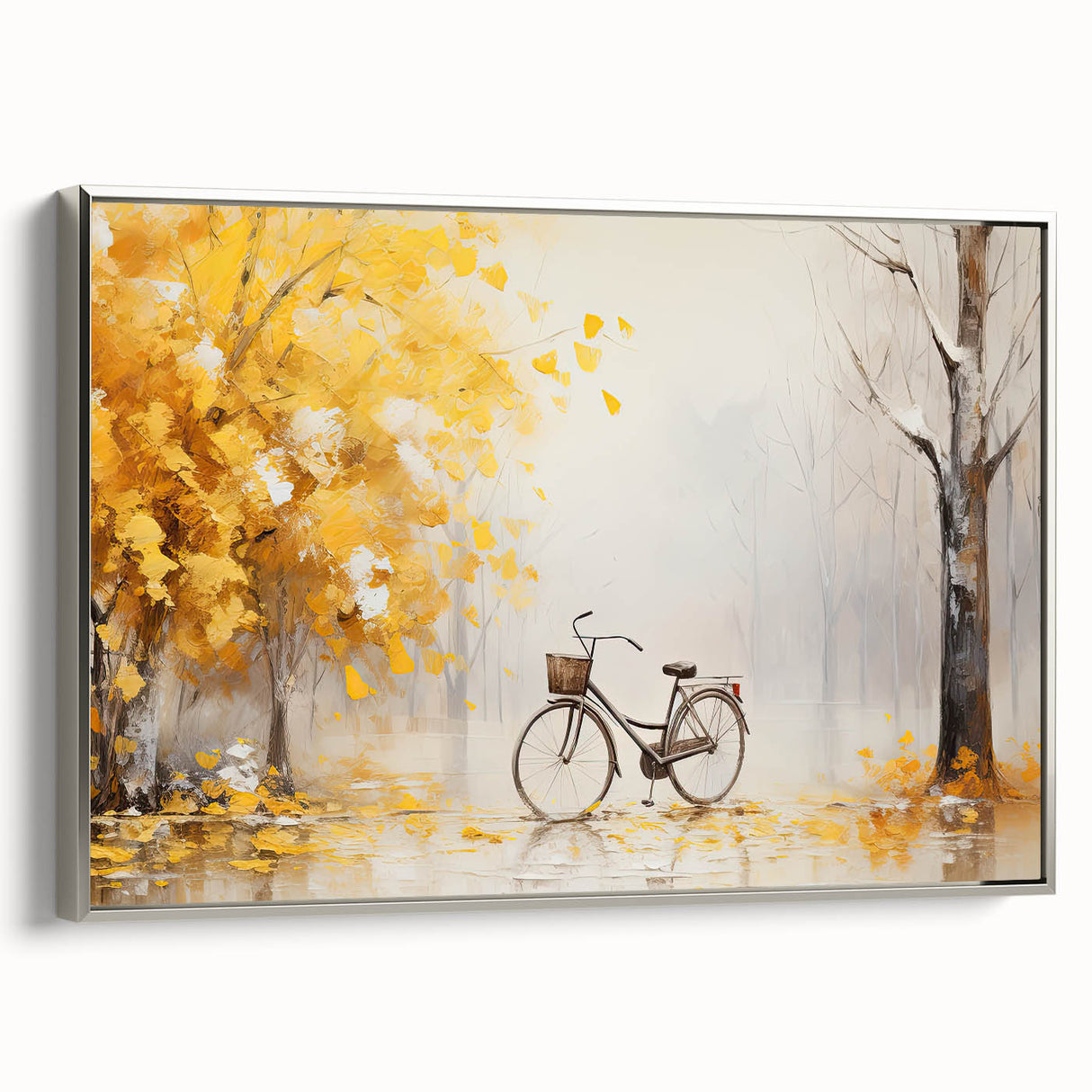 Vintage poster art of a black bicycle on a colorful abstract background, framed canvas, ideal for living room decor.
